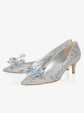 Silver Floral Rhinestone Slip-On Pointy Kitten Pumps For Women