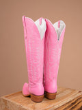 Pink Embroidered Snip Zipper Mid Calf Cowgirl Boots