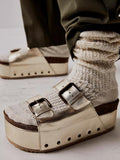 Metallic Double Buckled Band Stud Cork Round Toe Platform Slide Sandals
