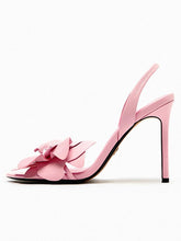 Vegan Leather Flower And Rhinestone Open-toe Pull on Stiletto High Heel Sandals With Slingback