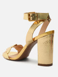 Metallic Gold Woven Strap High Block Heel Sandals For Wide Feet