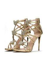 Metallic Gold Rhinestone Butterfly Applique Cage Round Stiletto Heeled Sandals With Back Zip
