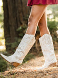 Off White Embroidered Pearl Studded Pointed Toe Slanted Heel Western Mid Calf Boots