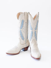 White Embroidered Pointy Wide Mid Calf Western Boot With Blue Inlay