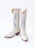 White Embroidered Pointy Wide Mid Calf Western Boot With Blue Inlay