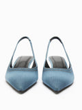 Distressed Denim Blue Stitch Pointy Kitten Slingback Pumps