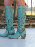 Sky Blue Studded Pointy Mid-Calf Western Boots