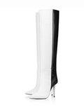 Black And White Patchwork Pointy High Heels Knee High Boots