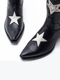 Black Star Inlay Wide Mid Calf Boots Snip Toe Chunky Heeled Western Cowgirl Boots