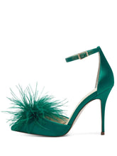 Green Fluffy Stiletto Heeled Pumps With Pointed Toe Ankle Strap For Women