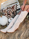 White Rhinestone Faux Suede Pointy Wide Mid-Calf Cowgirl Boots