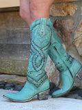 Sky Blue Studded Pointy Mid-Calf Western Boots