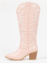 Pink Heart Embroidered Wide Mid Calf Boots Pointy Block Heeled Western Boots