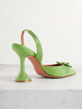 Green Suede Rhinestone Bow Pointy Half Stiletto Half Flared Slingback Karma Pumps
