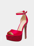 Red Satin Rhinestone Platform Round Stiletto Heel Sandals With Ankle Buckle Strap