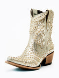 Metallic Gold Stud Rhinestone Pearl Ankle Boots Slip-On Snip Toe Cowgirl Heeled Booties