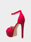 Red Satin Rhinestone Platform Round Stiletto Heel Sandals With Ankle Buckle Strap