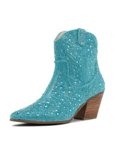 Turquoise Sparkly Rhinestone Round Toe Zipper Slanted Heel Western Ankle Boots
