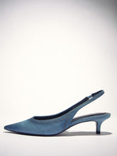 Distressed Denim Blue Stitch Pointy Kitten Slingback Pumps