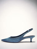 Distressed Denim Blue Stitch Pointy Kitten Slingback Pumps