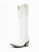 White Pearl Whip Stitch Snip-toe Slip-on Mid-Calf Western Boots