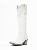 White Pearl Whip Stitch Snip-toe Slip-on Mid-Calf Western Boots