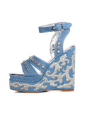 Rhinestone Applique Ankle Strap Open-toe Denim Double Platform Wedges With Studs