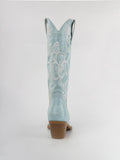 Light Blue Floral Embroidered Wide Mid Calf Cowgirl Boots Block Heeled Western Boots