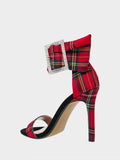 Wide Ankle Strap Rhinestone Buckle Zip Stiletto Sandals In Red Plaid Black Houndstooth