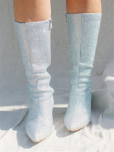 Silver Rhinestone Pointy Zip Mid-Calf Cowgirl Boots