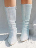 Silver Rhinestone Pointy Zip Mid-Calf Cowgirl Boots
