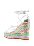 Silver Multi Bands Open-toe Irised Espadrille Wedge Sandals With Self-tie