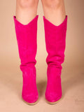 Pink Slouched Round Toe Slanted Heel Cowgirl Mid Calf Boots