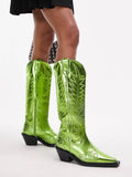 Metallic Green Embroidered Zip Wide Mid Calf Western Boots Block Heeled Cowgirl Boots