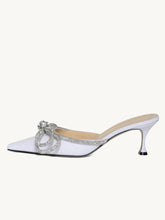 Off White Glitter Rhinestone Double Bow Backless Pumps Pointed Toe Kitten Heel Mules