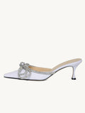 Off White Glitter Rhinestone Double Bow Backless Pumps Pointed Toe Kitten Heel Mules
