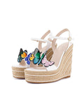 Vegan Leather Single Band With Butterflies Open-toe Espadrille Wedge Sandals With Buckle Ankle Strap