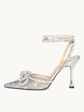 Silver Clear Rhinestone Double Bow Pumps With Pointed Toe Flared Heel Ankle Strap