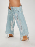 Metallic Rhinestones Embroidered Pointed-toe Slip-on High Heels Fold Over Mid-Calf Denim Boots