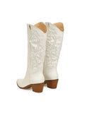 Vegan Leather Embroidered Stitch Pointed-toe Wide Slip-on Mid-Calf Cowgirl Boots