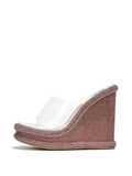 Sparkly Rhinestone Round Platform Wedge Heel Backless Slip-On Sandals With Clear Single Band
