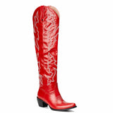 Red Embroidered Pointy Zipper Knee High Western Boots