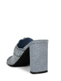Denim Blue Frayed Patchwork Single Wide Band Square Chunky Heel Backless Slip-On Sandals