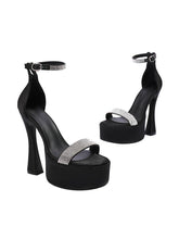Single Band With Rhinestone Round-toe Flared Heel Platform Sandals With Ankle Strap