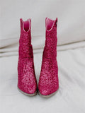 Glitter Pointed-Toe Slip-on Mid-Calf Western Boots