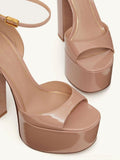 Nude Patent Platform Block Heeled Sandals With Ankle Strap Round Toe