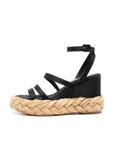 Black Multi Bands Open-toe Espadrille Wedge Sandals With Ankle Strap