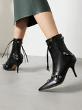 Studs Fringed Zipper Pointed-toe Mid-Calf Cowgirl Boots With Stiletto Heels