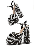 Double Platform Square Block Heel Sandals With Ankle Strap - Zebra Stripe & Metallic Silver