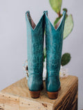 Turquoise Eagle Embroidered Knee High Western Boots With Snip Toe Zipper